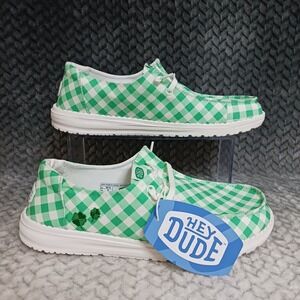 Hey Dude Wendy Shamrock Gingham Green White Women's Casual Slip-on Shoes Size 10